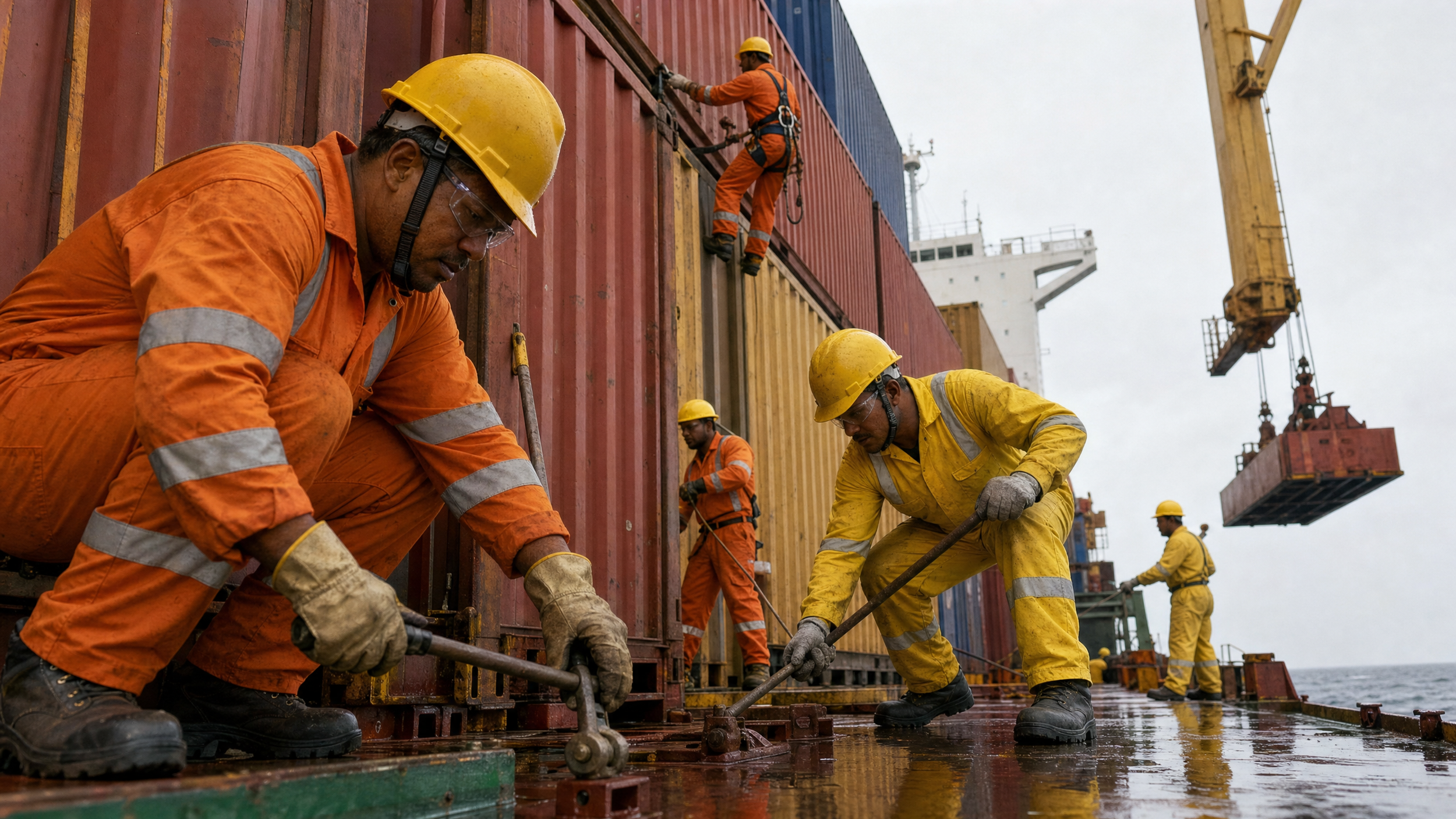 Workers in orange and yellow safety gear and helmets working on a marine construction project near stacked shipping containers with a crane in the background.