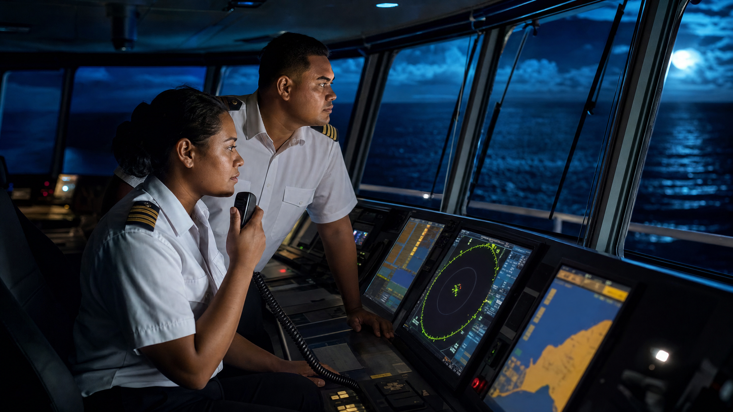 Two ship crew members, a woman and a man, standing in the ship's control room, looking out at the ocean through large windows during evening or nighttime. The control room is filled with navigational screens and equipment.