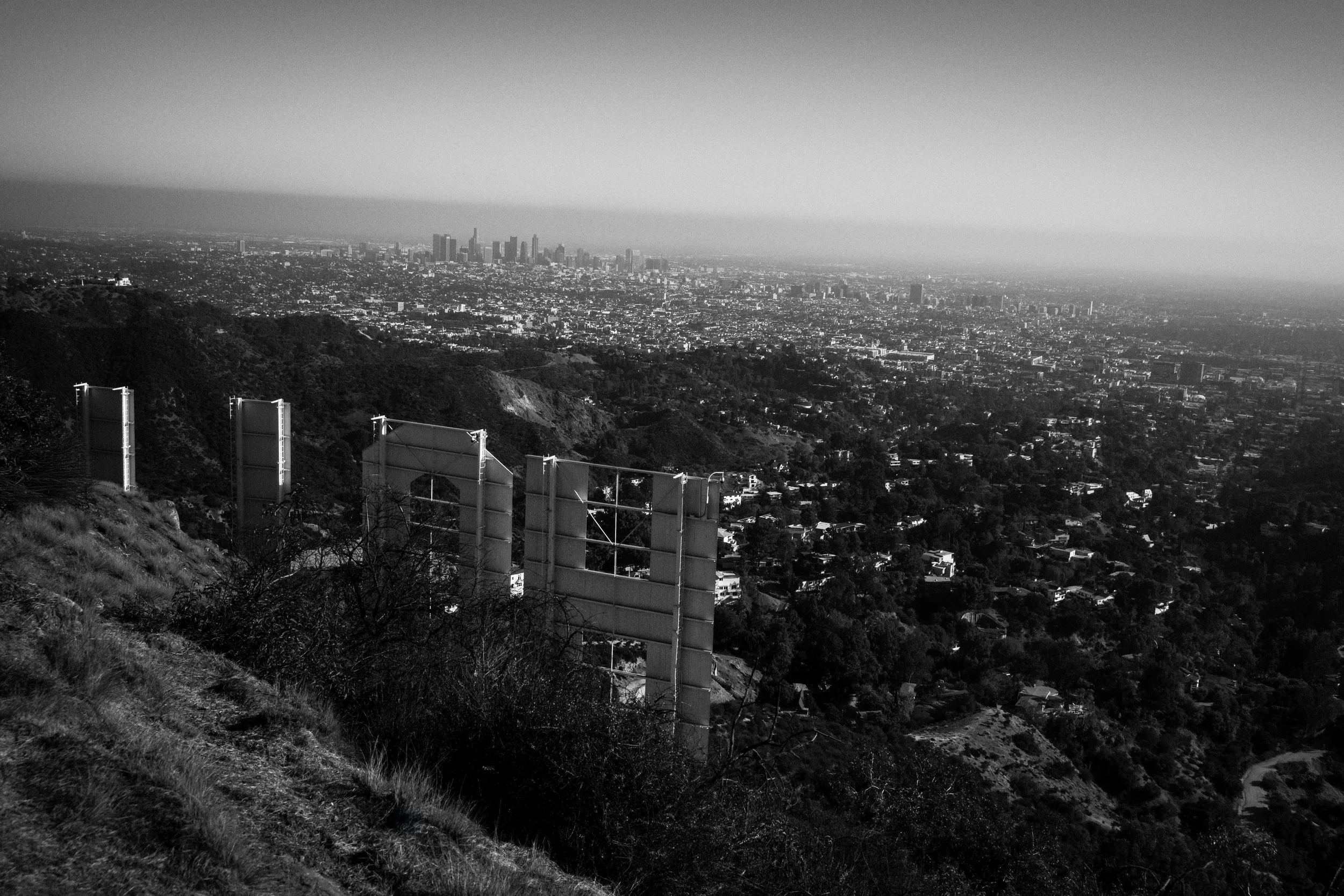 Schwarz-weiß-Fernaufnahme der Stadt Los Angeles, sichtbar vom Hügel aus. Im Vordergrund sind Brückengeländer und Steine, im Hintergrund die Skyline mit hohen Gebäuden.