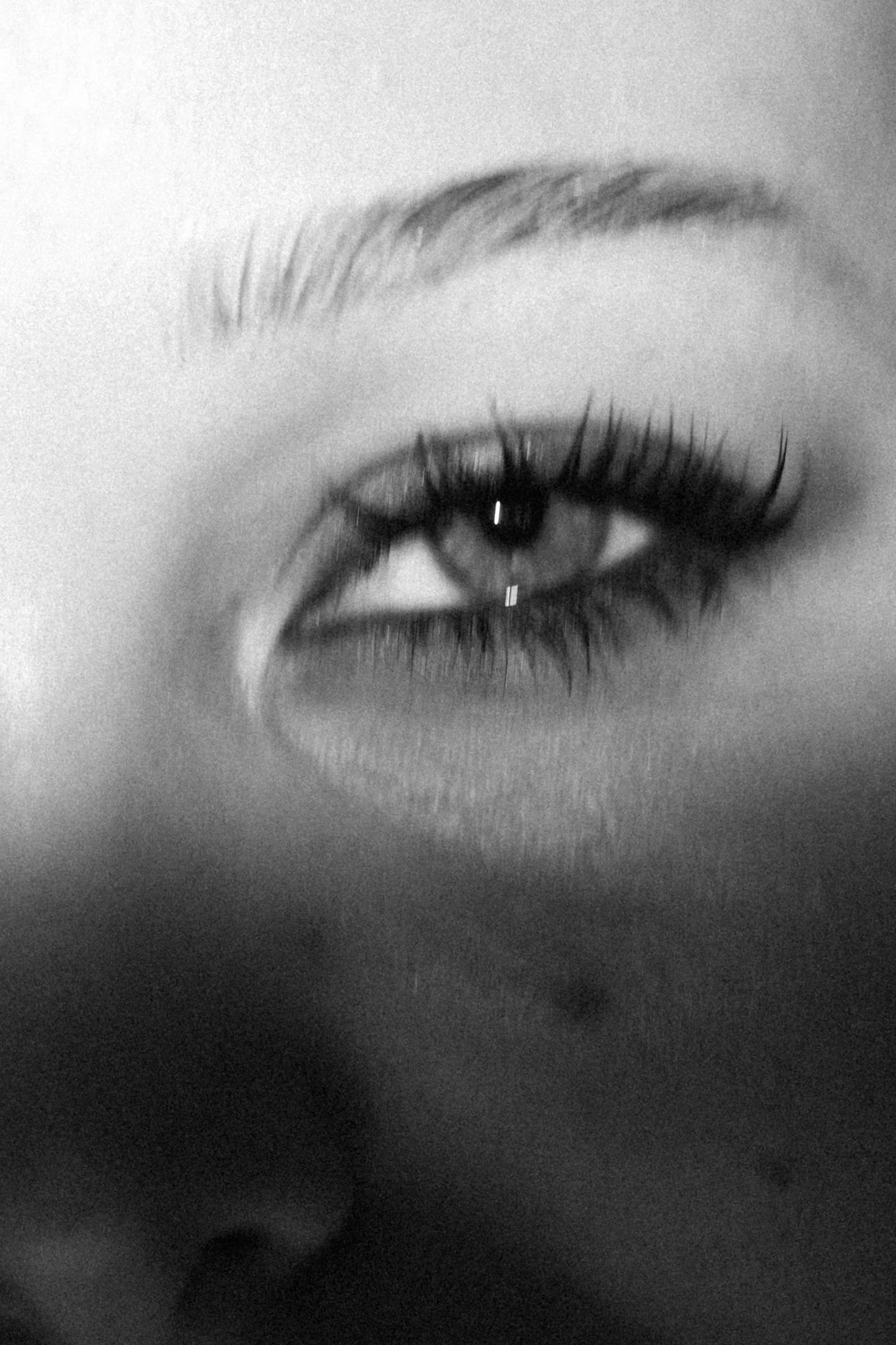 Schwarzes und weißes Nahaufnahme eines menschlichen Auges mit Wimpern.