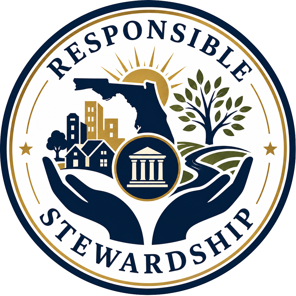 Official emblem of the Stewardship Responsible program featuring hands holding a landscape with houses, trees, a river, a government building, a city skyline, and the state of Florida with a sun in the background.