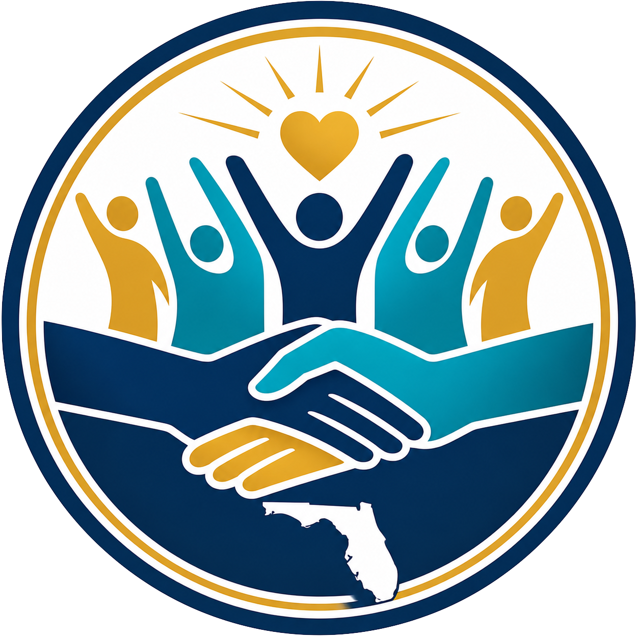 A circular emblem featuring stylized human figures holding hands, with a heart and sun rays above, and a map of Florida at the bottom.