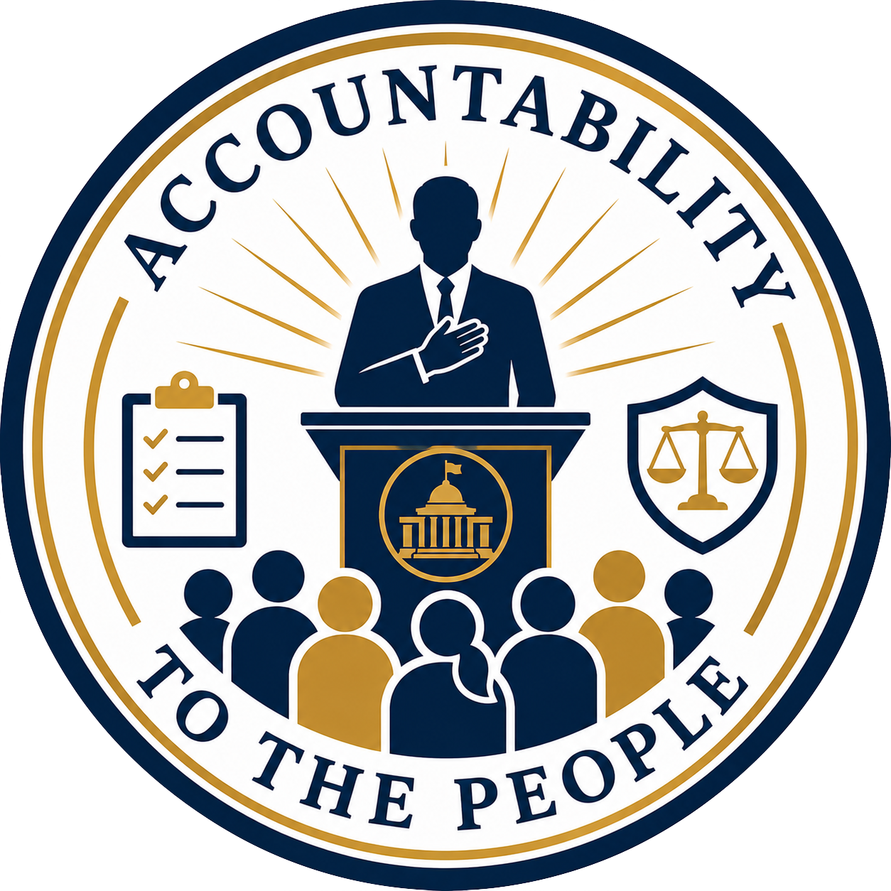 Seal of an accountability organization featuring a person in a suit with a hand over their heart, a government building with a flag on a podium, and icons of a checklist, scales of justice, and diverse people, with the phrase 'TO THE PEOPLE'.