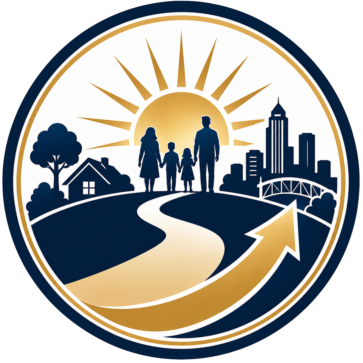 A family of four holding hands walking on a path towards a city skyline in the distance, with a house and trees on the left. The scene is set at sunrise, with the sun shining and rays extending outward, symbolizing hope and unity.