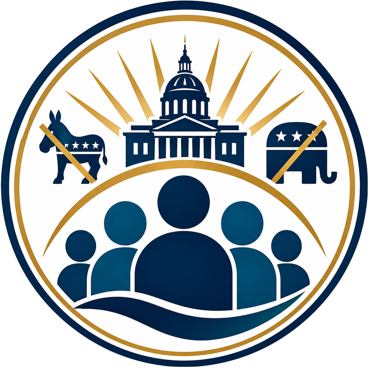 Graphic with abstract representation of the U.S. Capitol building at the top, two political party symbols (Democrat and Republican) on either side, and a group of people at the bottom.