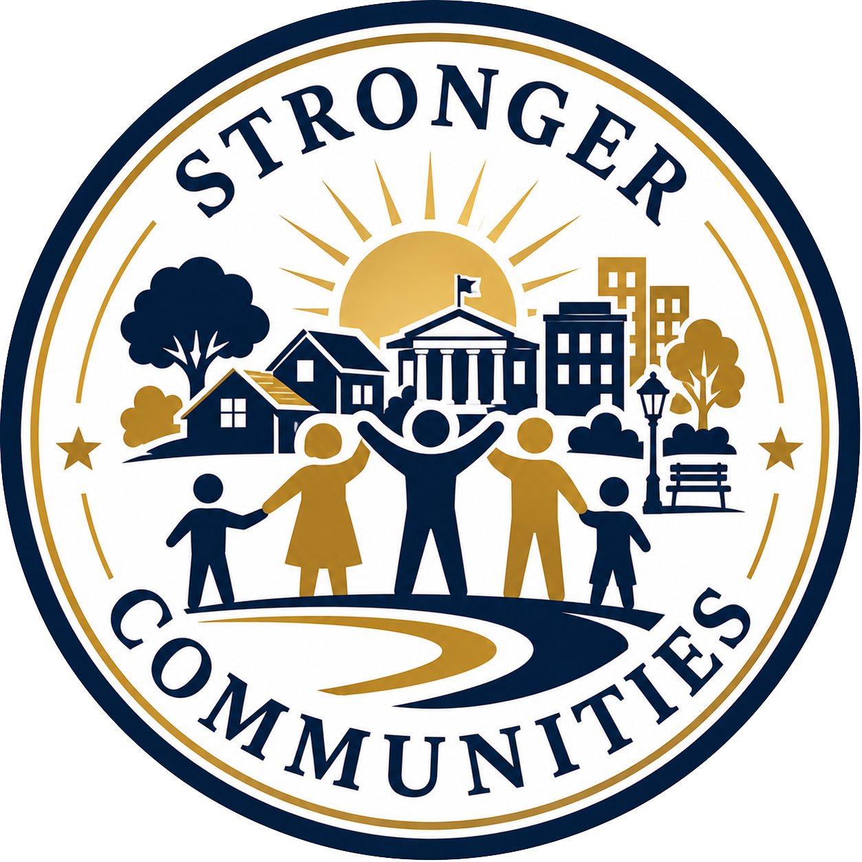 A circular emblem with the text 'Stronger Communities' at the top and 'Communities' at the bottom. The center features a group of five people holding hands, with a town scene in the background including houses, trees, a government building with a flag, and a streetlamp, illuminated by a rising or setting sun.