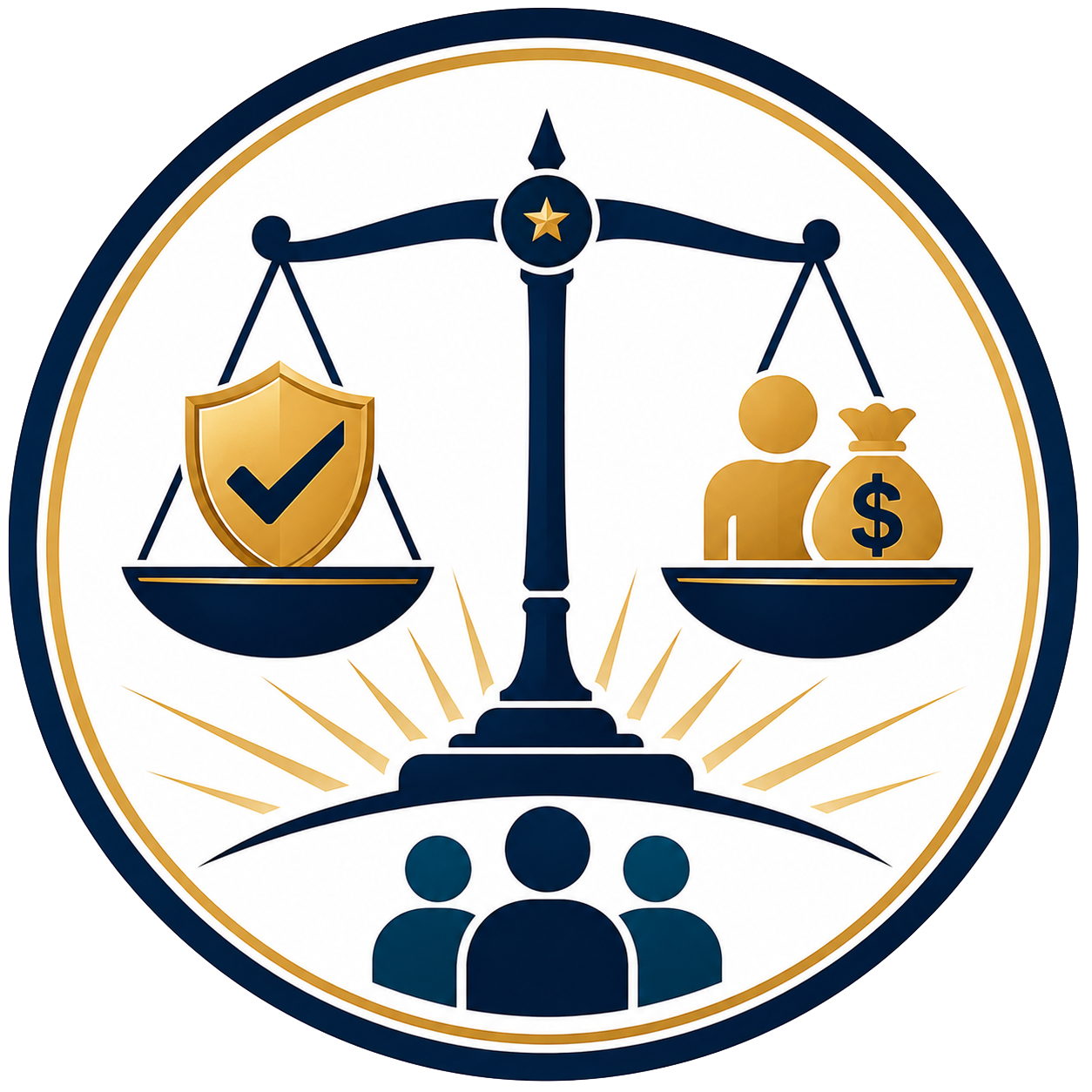 A scale balancing a shield with a check mark on the left and a person with a money bag on the right.