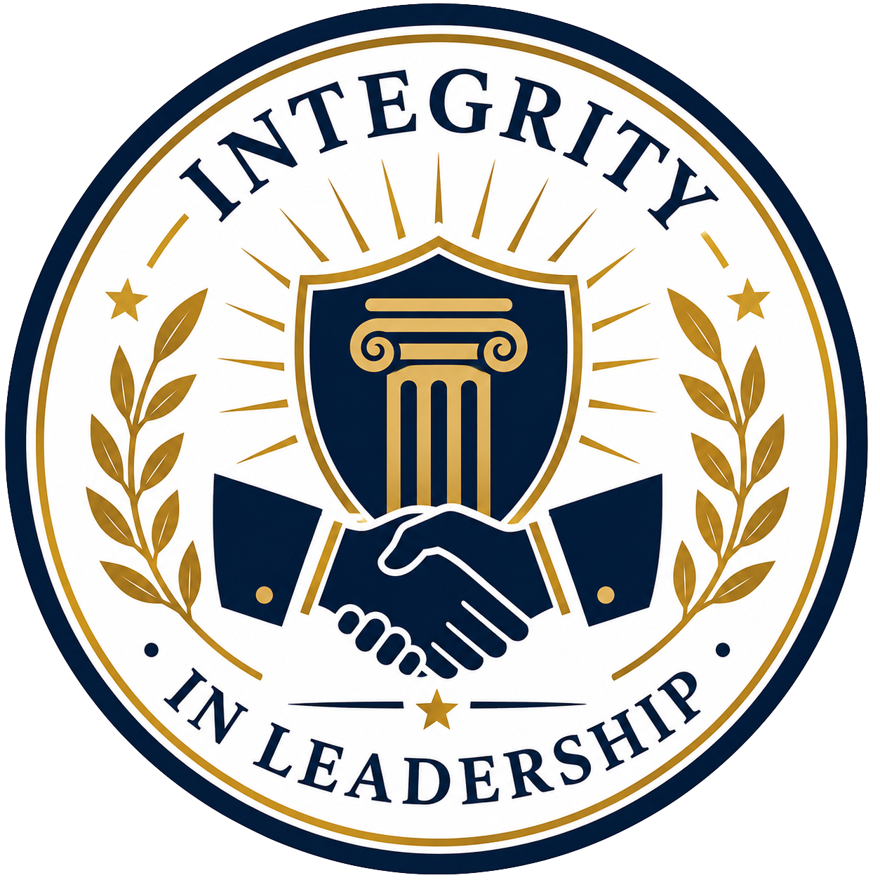 A circular badge with the words 'Integrity in Leadership,' a handshake, a shield with a gold column, and laurel branches.