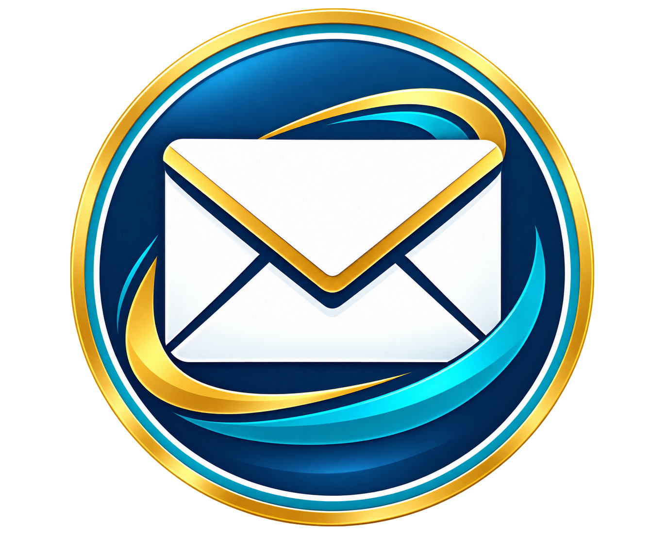A digital icon of a white envelope with gold and blue swirl accents, set against a dark blue circular background with gold trim.
