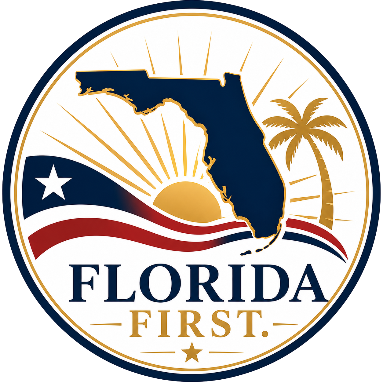 A circular logo featuring a dark blue outline, with the shape of Florida in dark blue at the center. Behind Florida, there is a golden sun rising over blue and red wavy lines, accompanied by a golden palm tree on the right side. To the left, there is a wavy American flag with a white star. Beneath the Florida shape, the words "FLORIDA FIRST." are written in dark blue and gold, respectively.