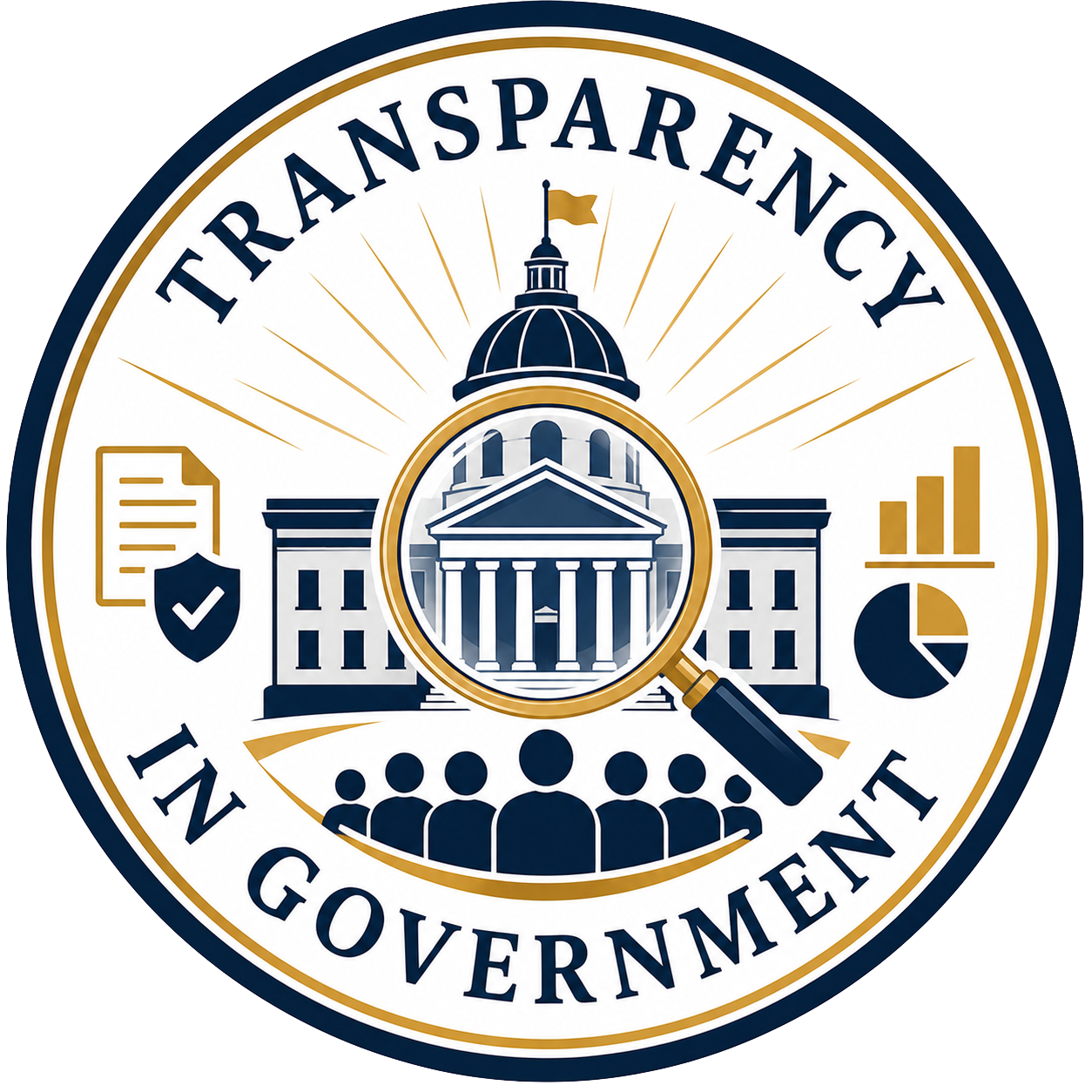 Official seal of a government transparency initiative featuring a government building, a magnifying glass, a group of people, documents with a shield, and charts, with the words 'Transparency in Government' around the edge.