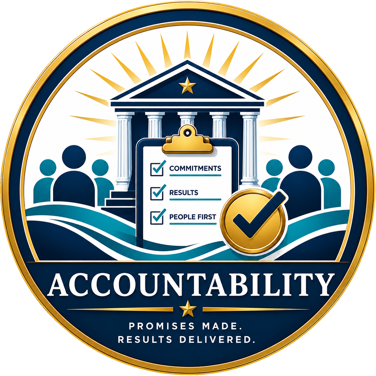 A graphic illustrating accountability with a courthouse building, a checklist for commitments, results, people first, and a gold and navy checkmark. Text reads 'Accountability' and 'Promises made. Results delivered.'