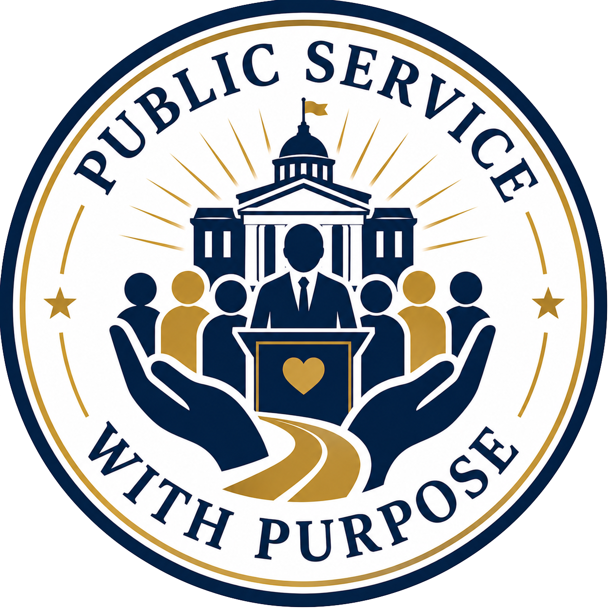 Seal of the Public Service with a silhouette of a person at a podium with a heart symbol, surrounded by a cityscape, hands, and people, with the text "Public Service with Purpose".