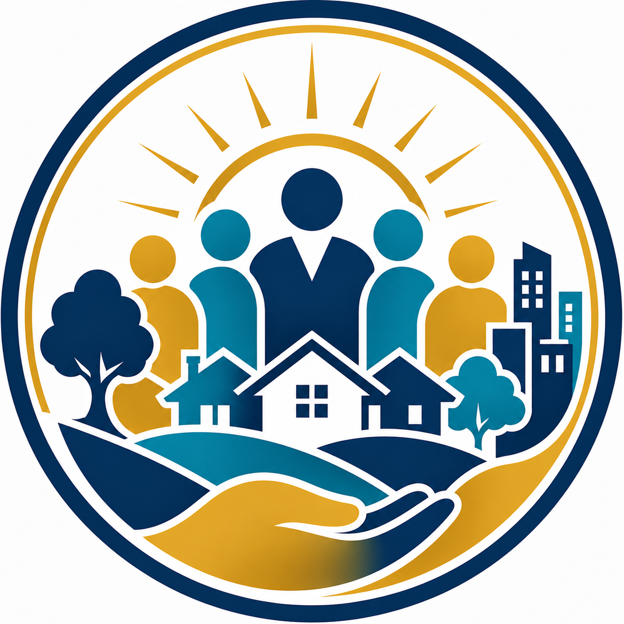 A circular logo featuring a group of people, a house, trees, and buildings, with a sun or rays shining above, symbolizing community, housing, and urban development.