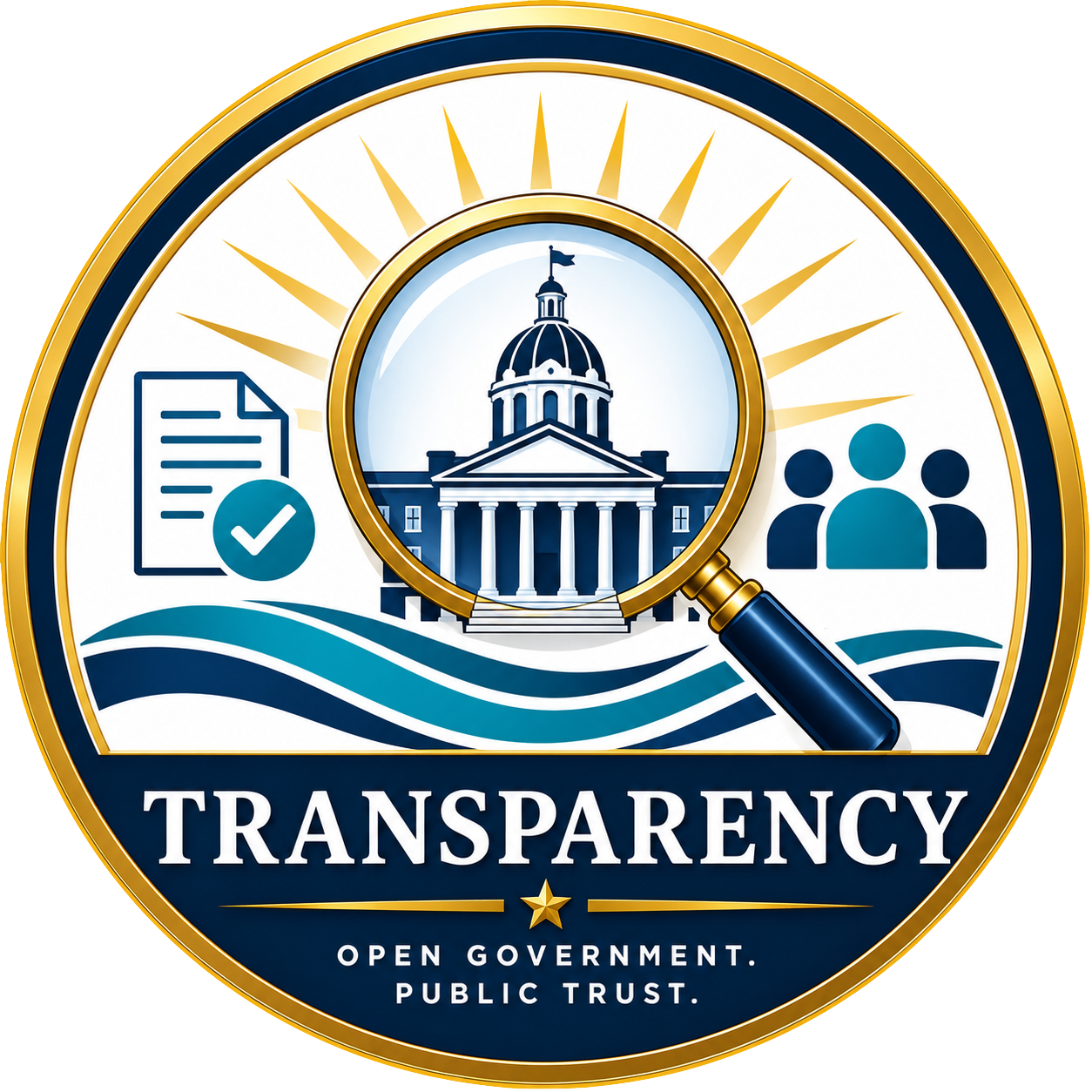 A badge with a government building image, a magnifying glass, a document with a checkmark, and a group of people, symbolizing transparency and public trust.