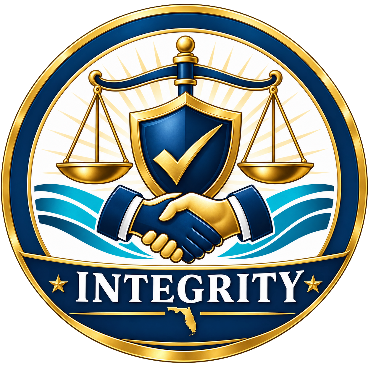 A badge with a handshake, a shield with a checkmark, and balance scales, along with the word "INTEGRITY" and a map of Florida below.