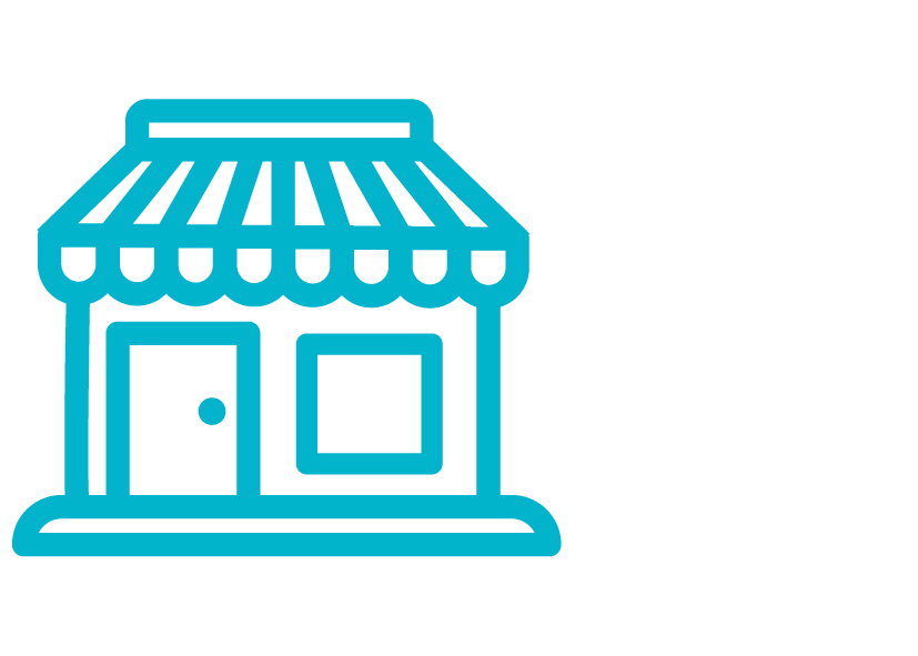 Blue outline drawing of a small storefront or shop with a striped awning, door, and window.
