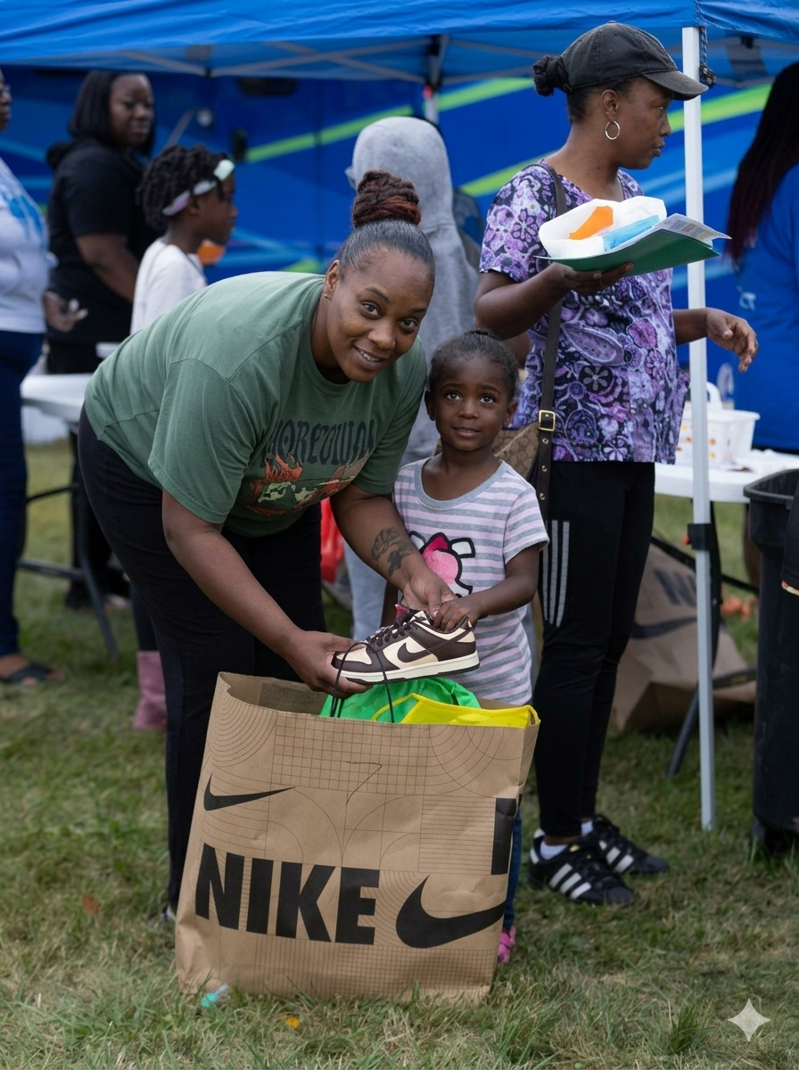 A woman and a young girl stand outdoors at a community event, opening a Nike shoebox. The woman is leaning forward, holding a pair of Nike sneakers, while the girl looks at the camera. Multiple people and a blue tent are visible in the background.