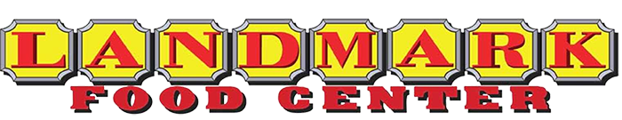 Sign for Landmark Food Center with yellow, red, and gray color scheme