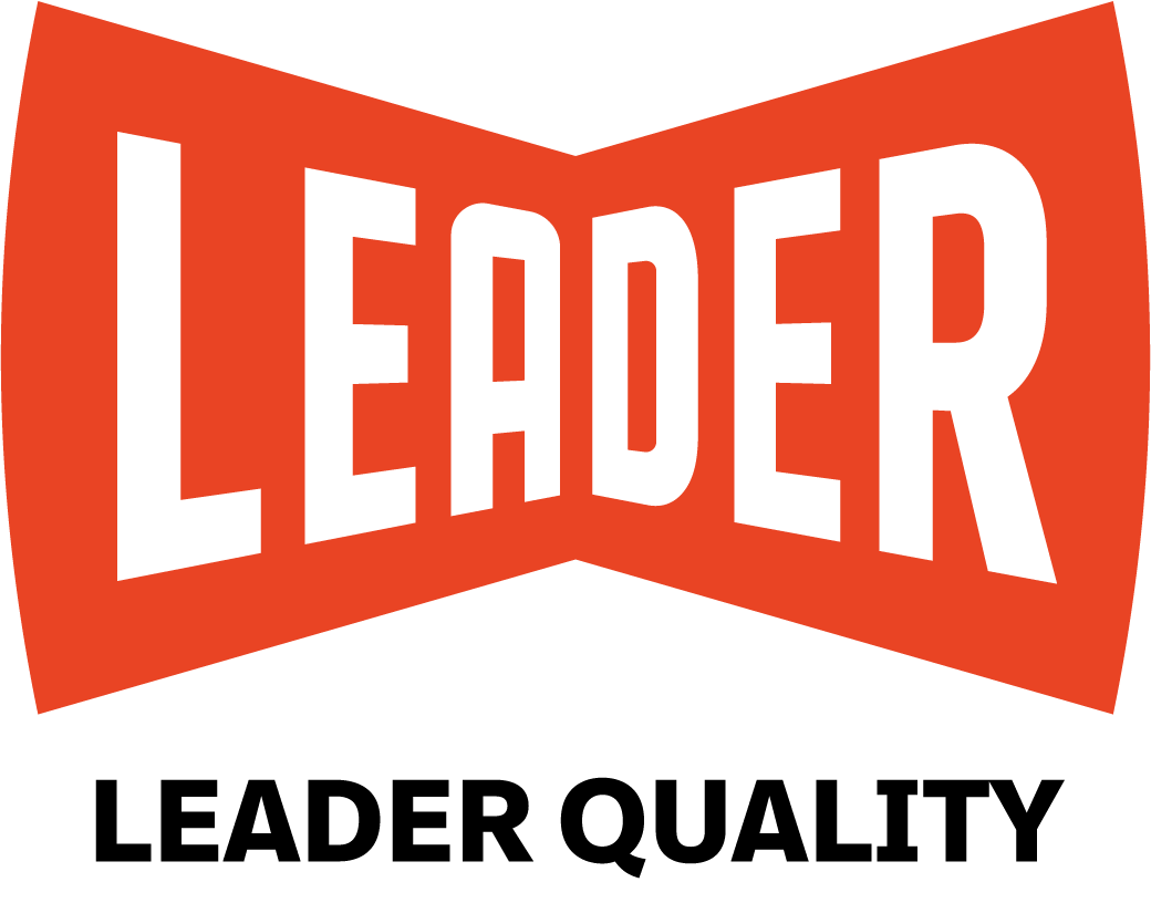 A sign with the word 'LEADER' in bold black letters, on a red background with an angular shape.