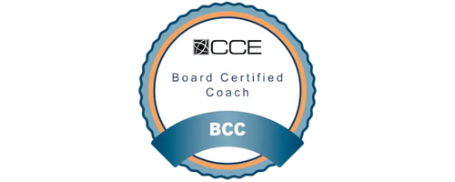 CCe Board Certified Coach badge with a blue ribbon labeled BCC