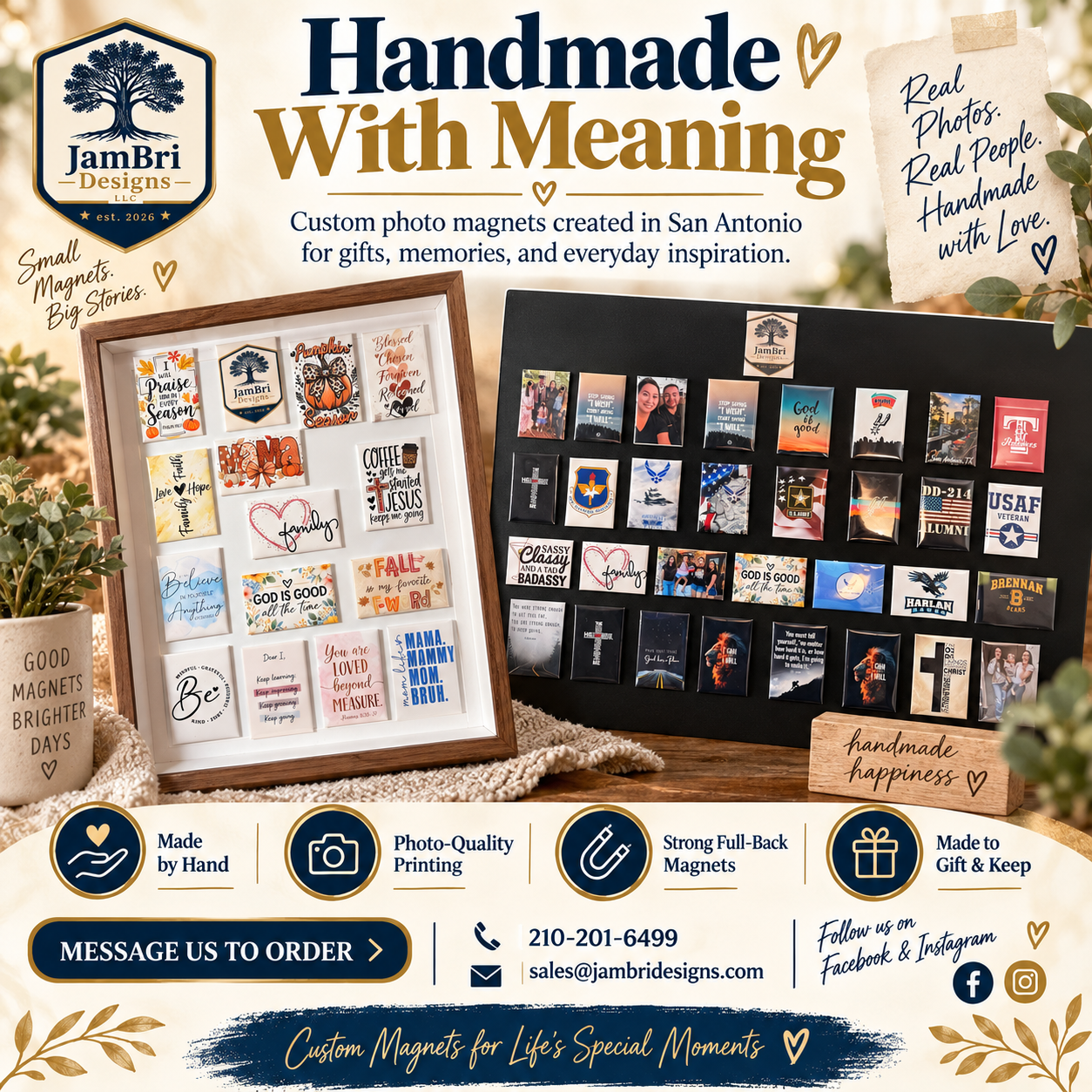 Advertisement for handmade custom photo magnets by JamBri Designs LLC, featured on a display with various magnet designs and inspirational quotes, highlighting handcrafted gifts, memories, and everyday inspiration.