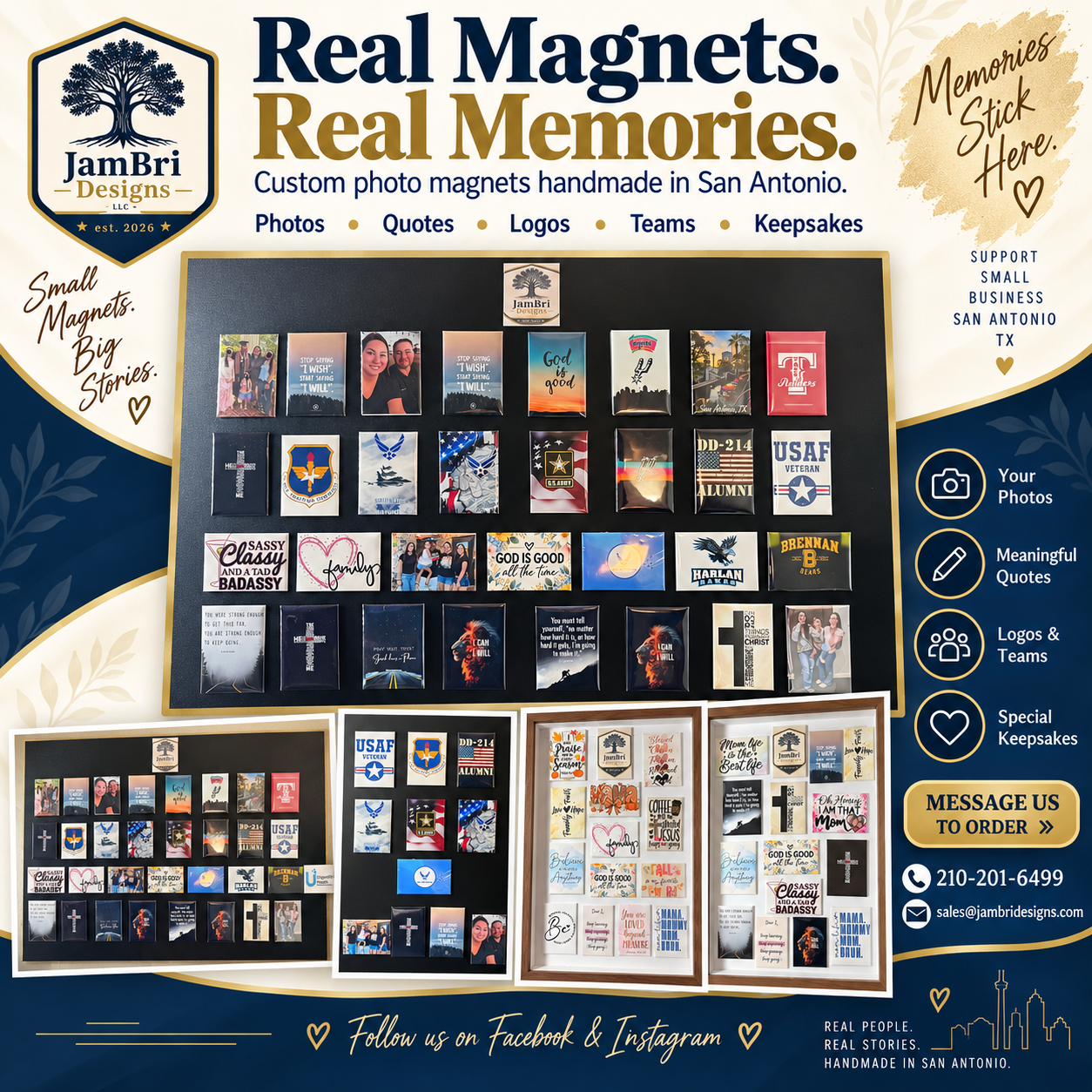 Display of custom photo magnets from JamBri Designs LLC featuring photos, quotes, logos, teams, and keepsakes, with a promotional background highlighting their services in San Antonio, Texas.