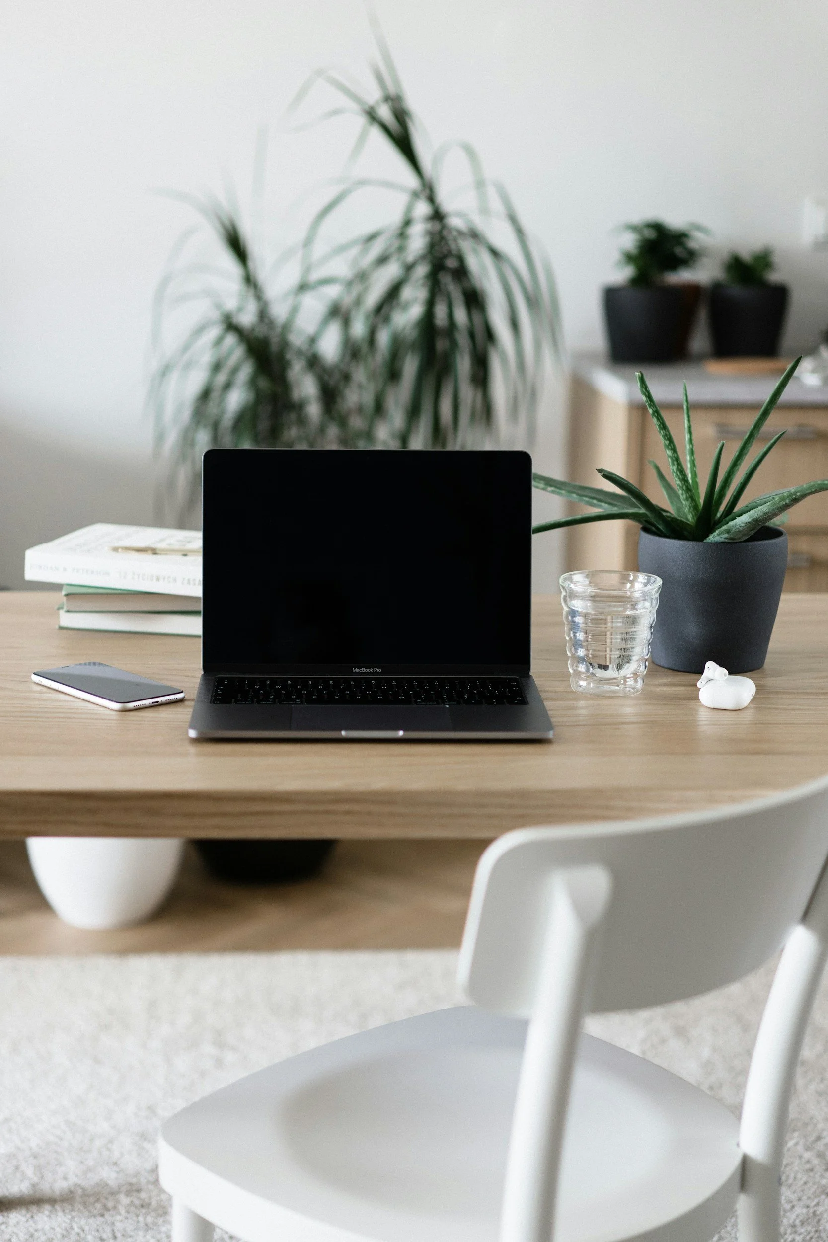 Workspace with laptop, books, and plants