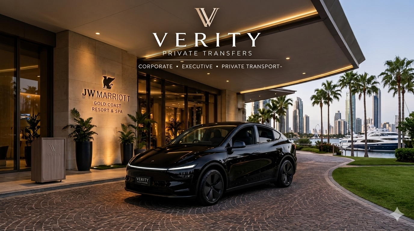 A black luxury electric car parked in front of the JW Marriott hotel at the Verity private transfer service with a city skyline and yachts in the background.
