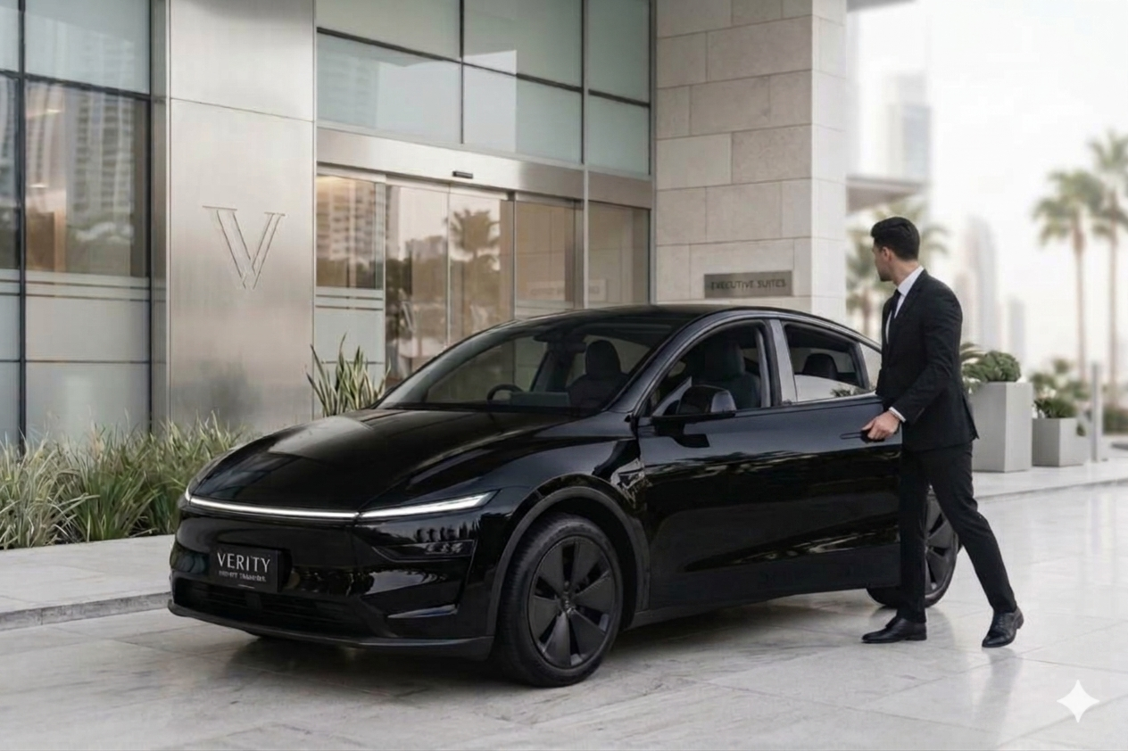 A man in a black suit opening the door of a black electric car parked outside a modern building with large glass windows and plants.