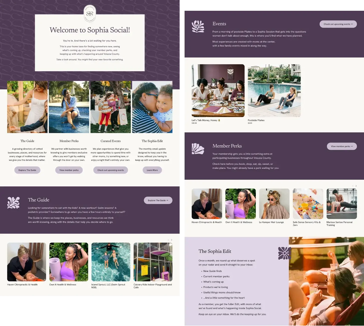 A website homepage with sections promoting a motherhood community. Left side has a welcome message and four images of women and children, with buttons labeled Explore The Guide, View member perks, Check out upcoming events, and Learn More. Right side features events with images of women at a pool and a class, member perks, and additional images of women in wellness and social activities.