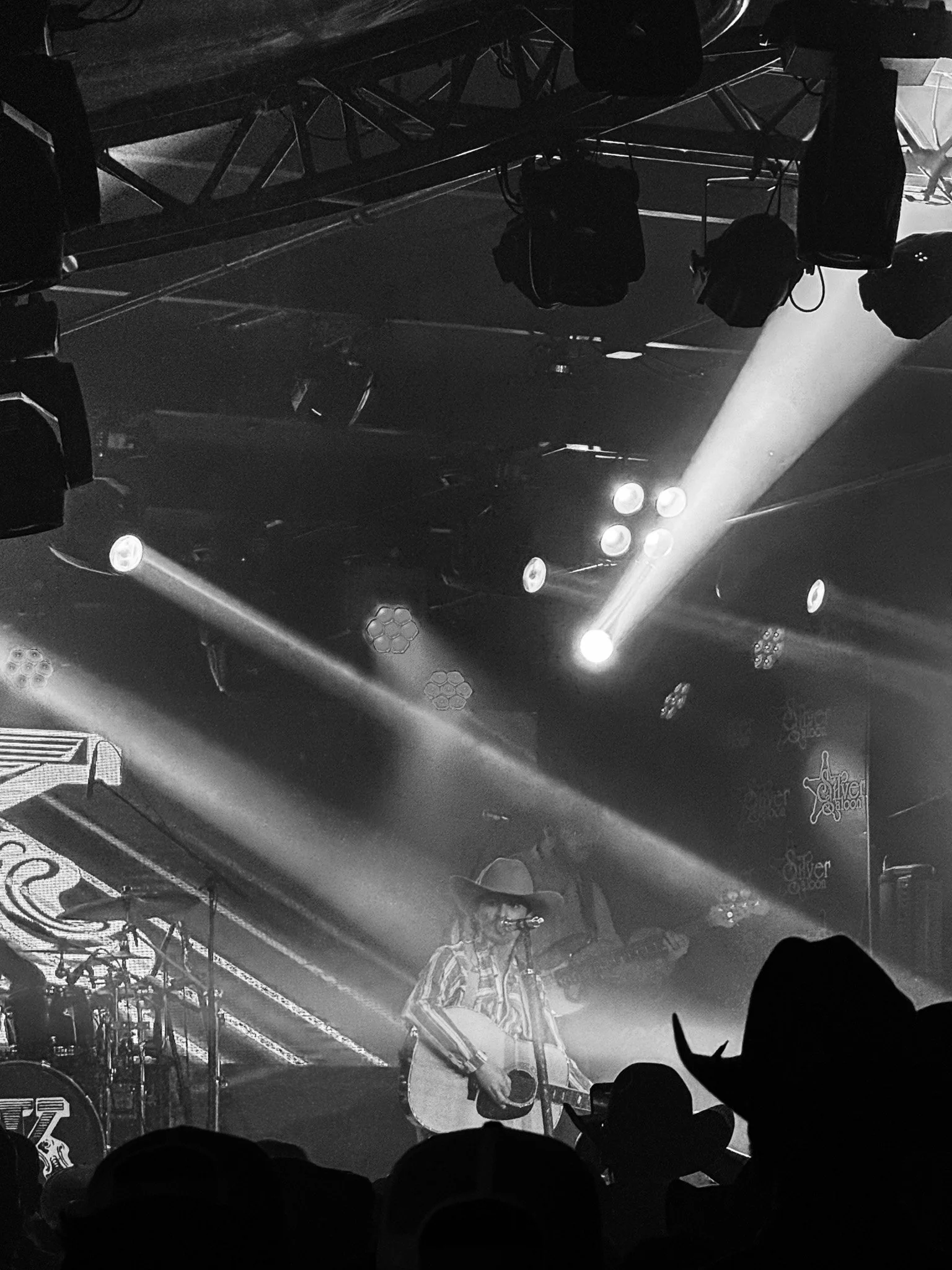 A person performing with a guitar on stage in a dimly lit concert venue, with stage lights and equipment visible, and an audience in the foreground.