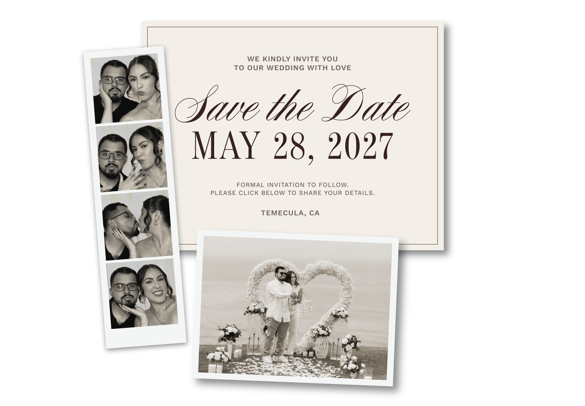 Wedding invitation with black and white photos of a couple, save the date information, and wedding details, including date and location.