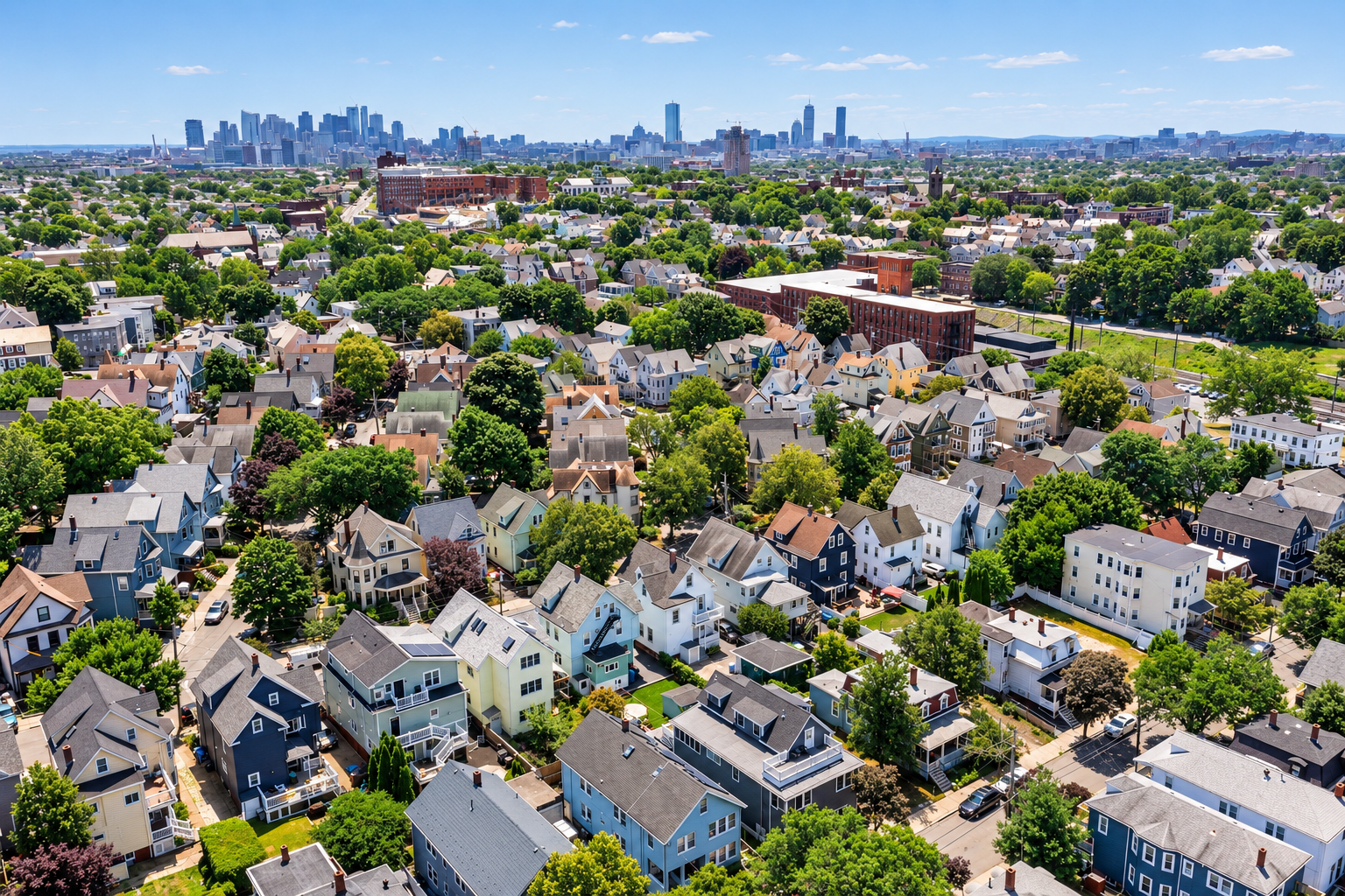 Ariel view of Somerville, Massachusetts set a few miles outside of Downtown Boston.