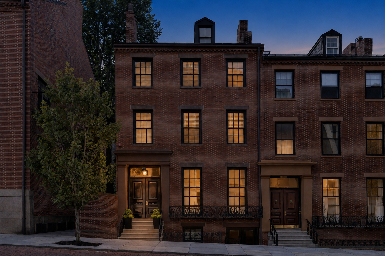 A row of three-story brick Beacon Hill, Boston townhouses with lit windows at dusk, black front doors, and small front steps with potted plants.