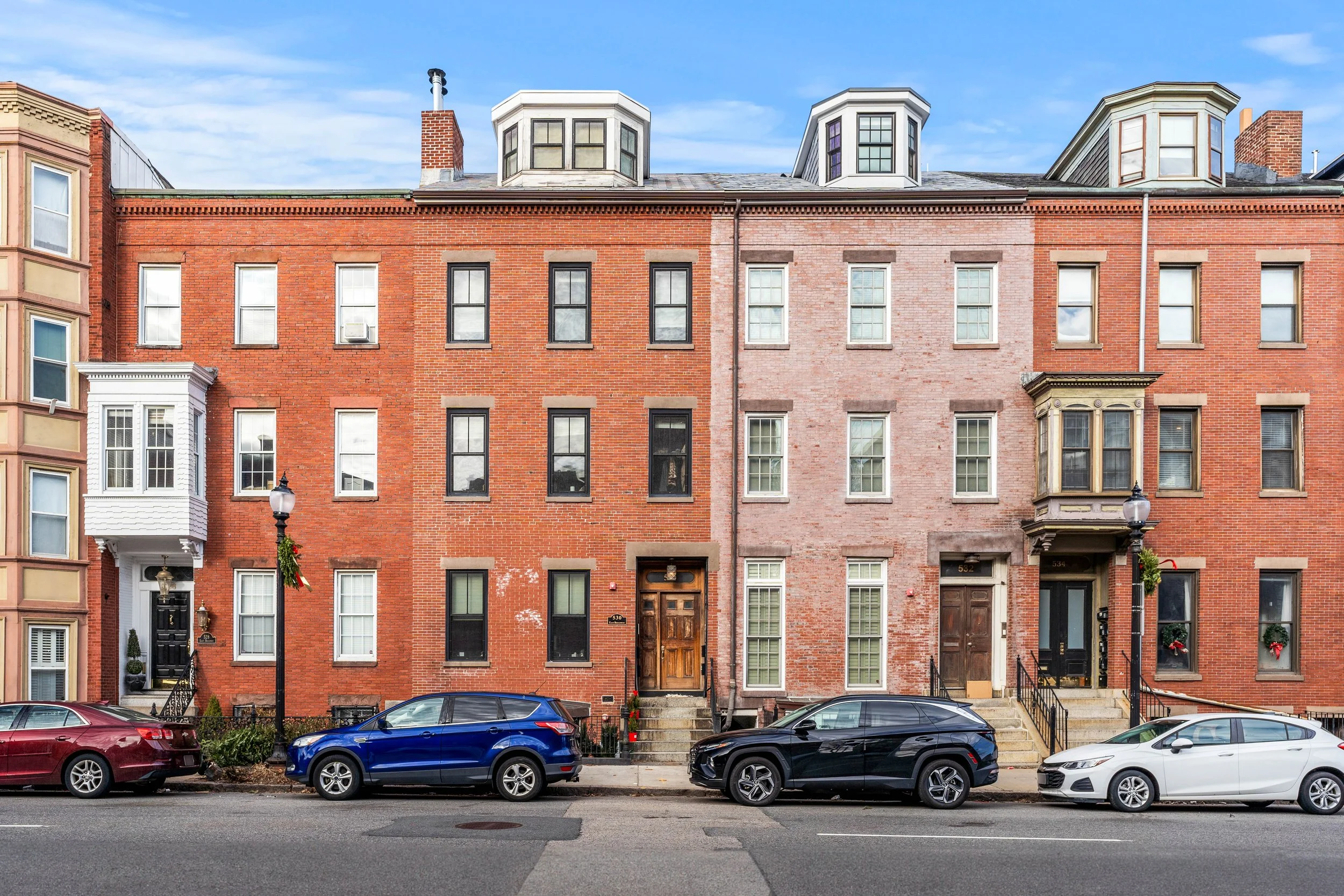 Row of brick townhouses in South Boston, Boston, Massachusetts.