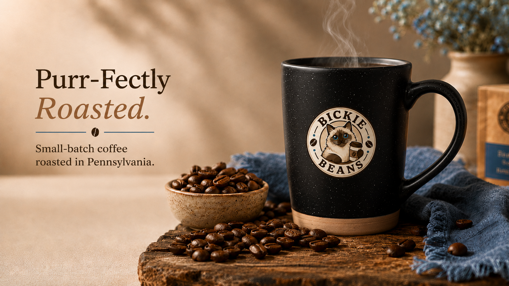 A black coffee mug with a Bickie Beans logo, steam rising from hot coffee, a bowl of coffee beans, and a blue cloth on a rustic wooden surface, with a background of potted plant and coffee packaging, promoting roasted small-batch coffee from Pennsylvania.