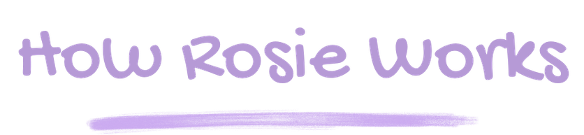 Text graphic that reads 'How Rosie Works' in purple, playful font with a purple underline.