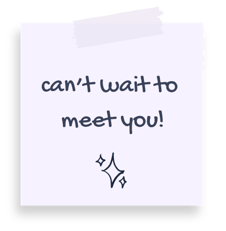 A note with the words "can't wait to meet you!" and a small sparkling star illustration on a white paper background.