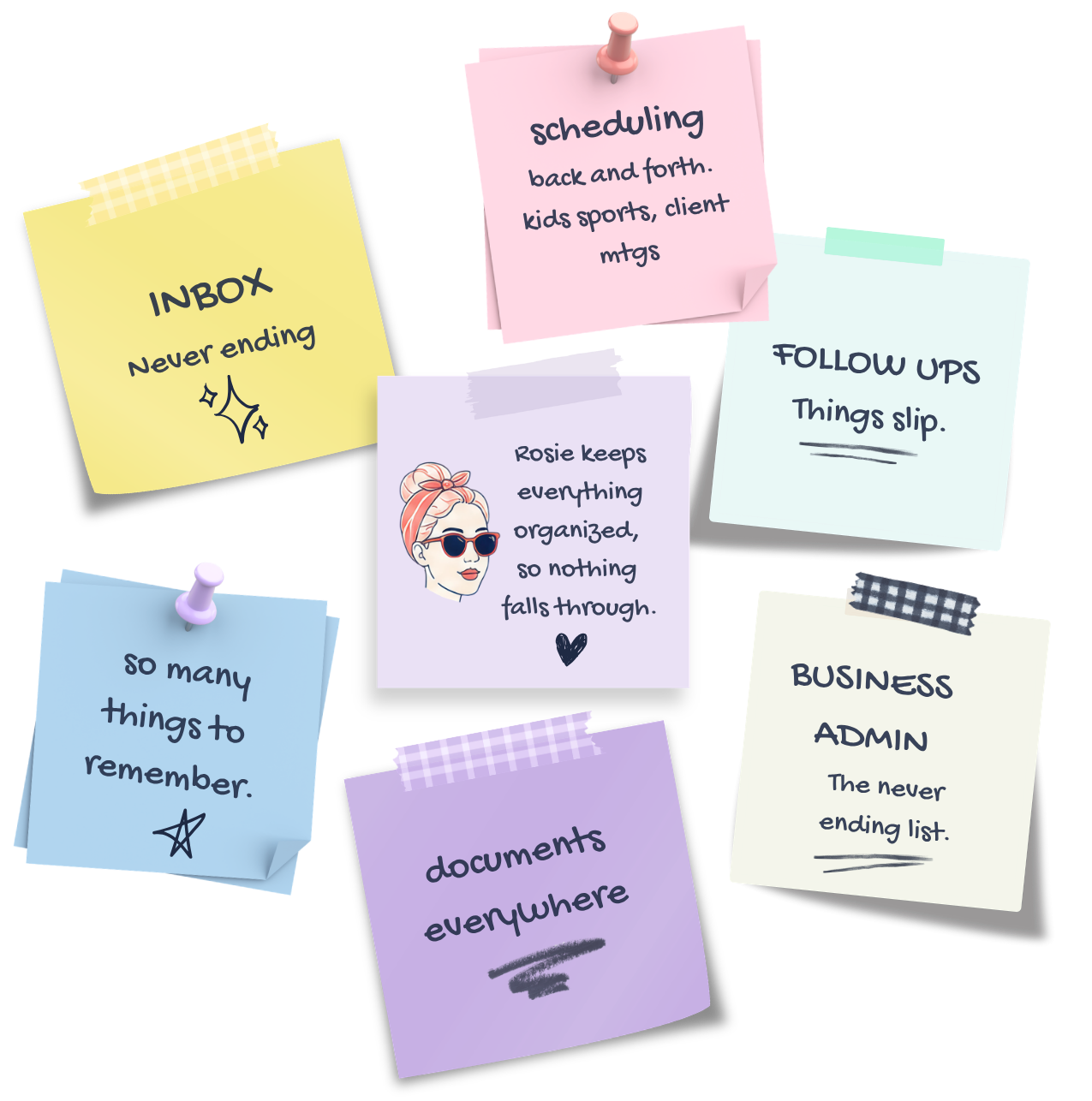 Colorful sticky notes with handwritten messages on a black background, secured with pins and tape, emphasizing the cognitive load that many mom entrepreneurs carry.