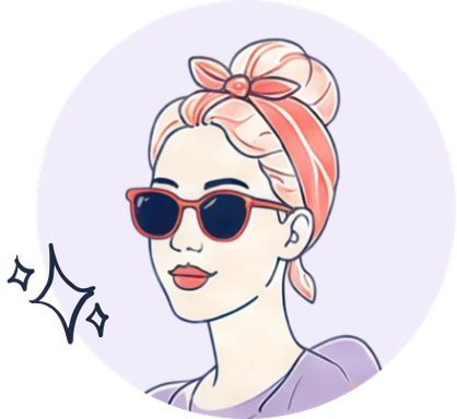 Illustration of a woman with pink hair tied up in a bun, wearing sunglasses and a headband, with a smile and a sparkle near her face.