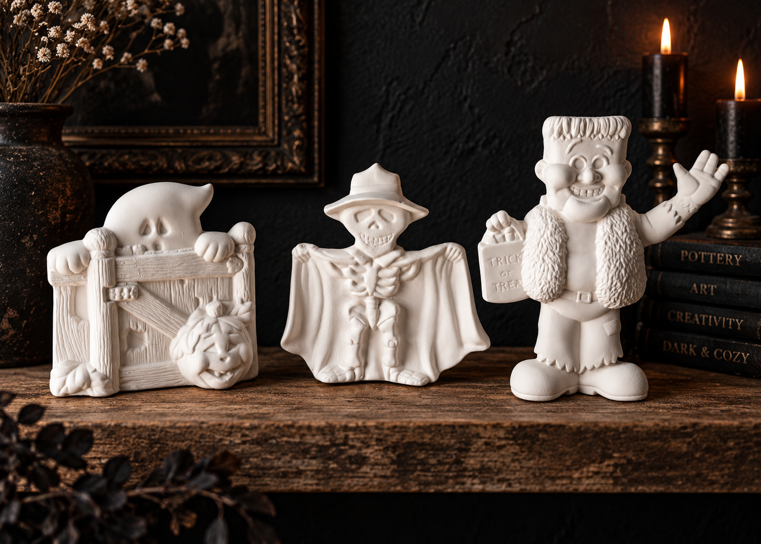 Three white Halloween-themed ceramic figurines on a wooden surface, including a ghost with eyes and hands on a gate, a skeleton with a hat and cape, and a smiling clown or jester holding a Trick or Treat bag, with lit candles and books in the background.