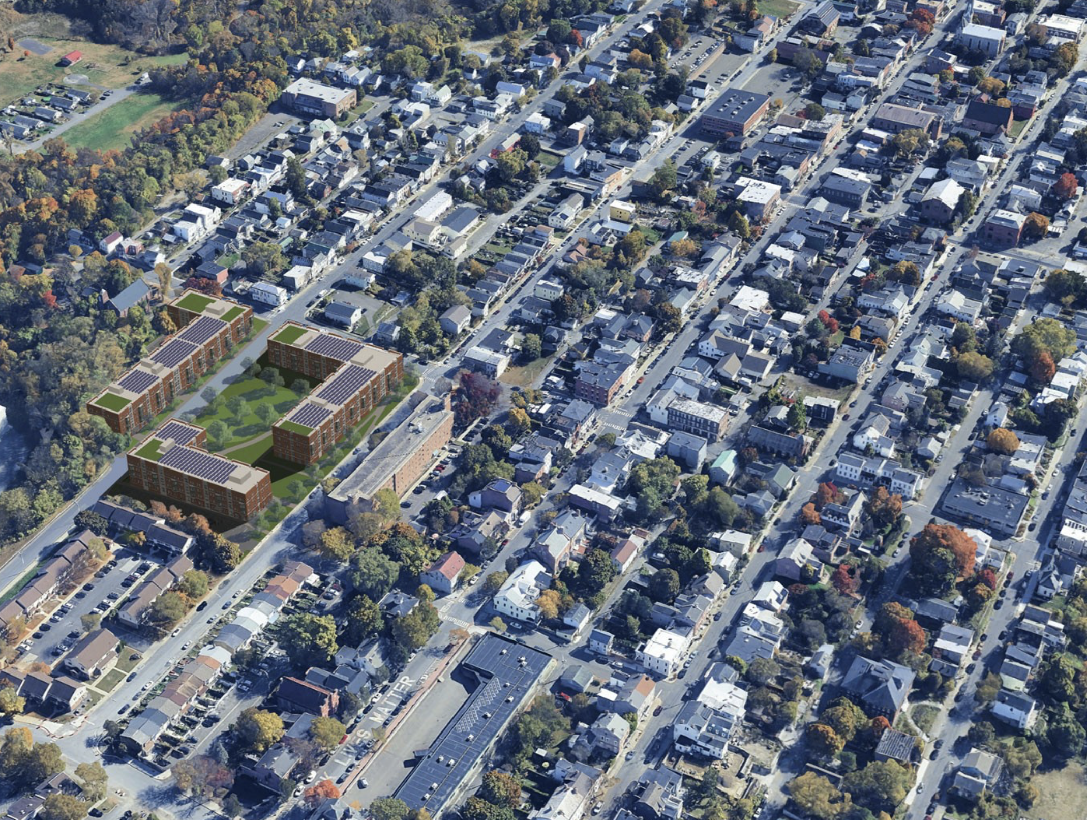 Applicant’s concept rendering showing the proposed full buildout of the Bliss redevelopment in Hudson’s Second Ward, including its relationship to surrounding streets and buildings.