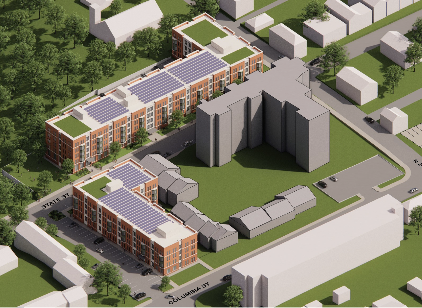 A detailed architectural rendering of a residential complex with multiple modern apartment buildings, green roofs equipped with solar panels, surrounded by greenery and parking lots, situated at the intersection of State Street and Columbia Street.