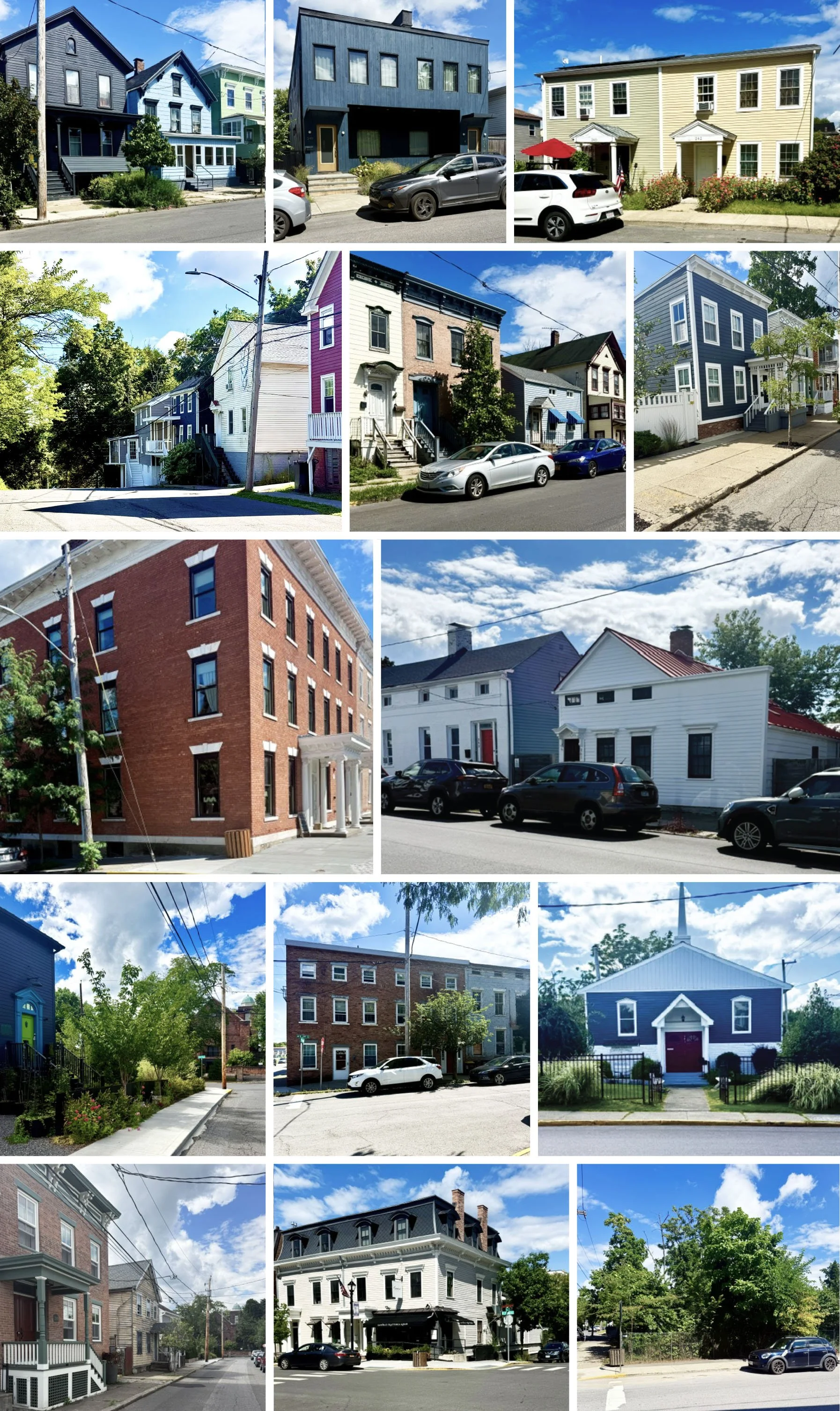 Various residential houses and buildings in different architectural styles and colors, including Victorian, modern, and historic homes, in an urban and suburban setting, under partly cloudy skies.
