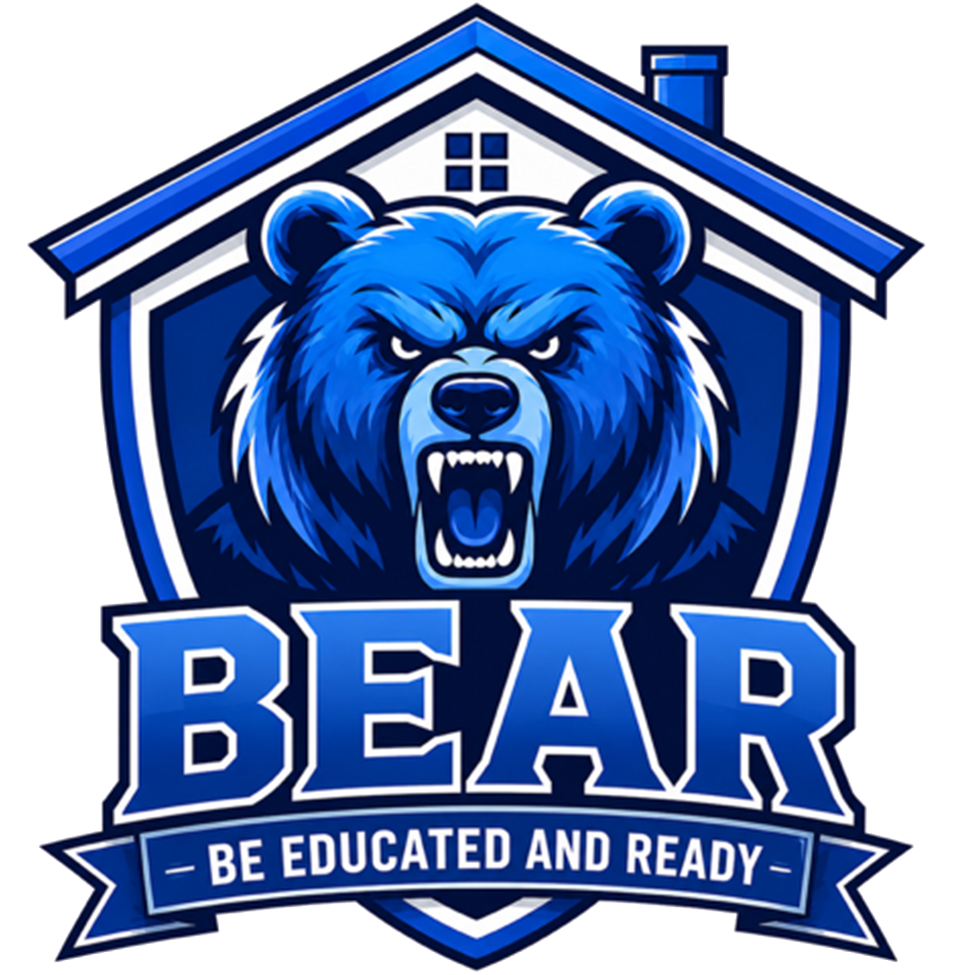 A logo with a blue bear's head at the center, a house roof above, and the words 'BE EDUCATED AND READY' at the bottom.