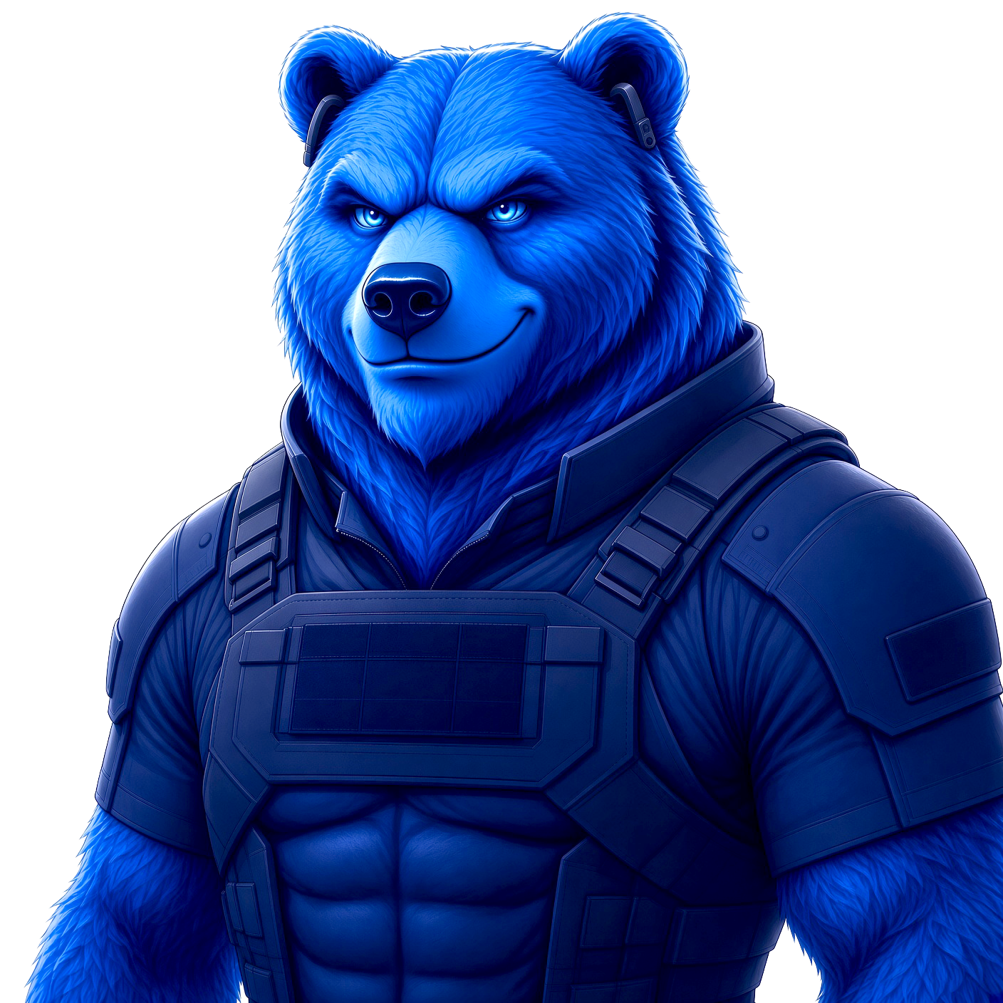 A blue anthropomorphic bear with a confident smirk, wearing tactical armor and headphones, set against a black and white background.