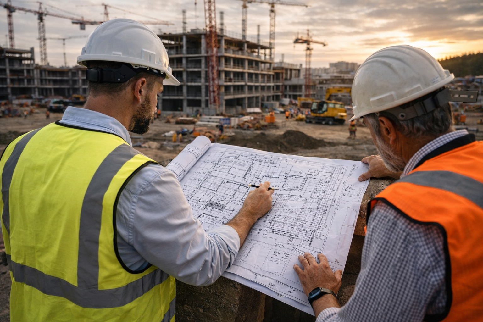 Two construction workers in safety vests and helmets review blueprints at a construction site during sunset with buildings and cranes in the background.