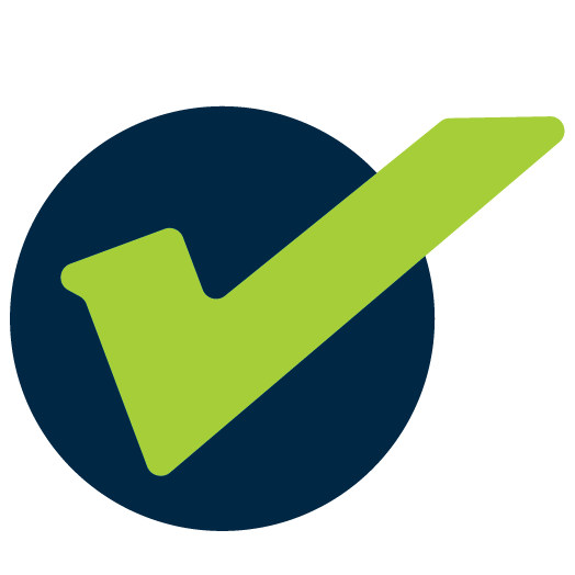 Green check mark inside a dark blue circle.