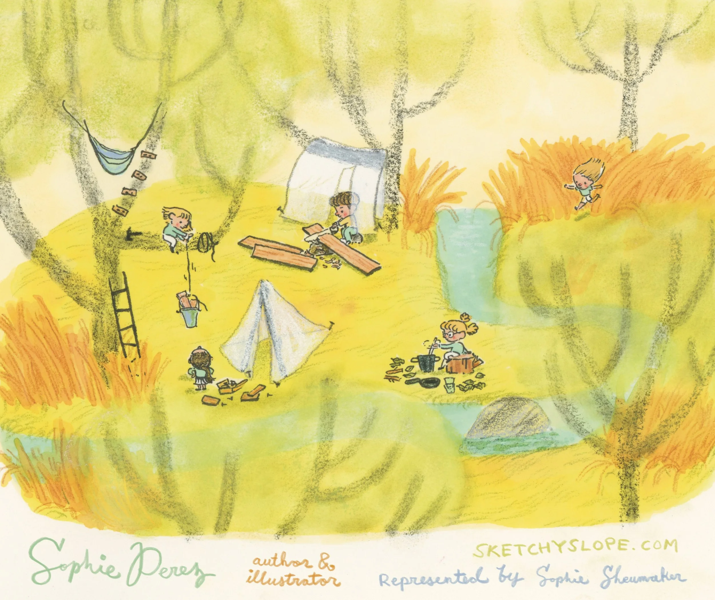 This month&rsquo;s #kidlitartpostcard is inspired by my memories of building forts and making &ldquo;soup&rdquo; across our backyard creek with my siblings. I miss it!

🤍 To see more work please visit sketchyslope.com
📚 I&rsquo;m proudly represente